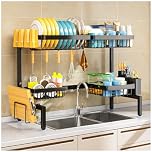 PurKeep Dish Drainer Rack - Over the Sink Dish Drying Rack with 4 Basket, 2-Tier Expandable (24.8 "-35.4") Kitchen Dish Rack with Metal Hook, Black
