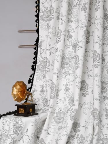 Image of Cortina Floral Light-Filtering 100% Cotton Curtains 9 feet Long Set of 1 for Long Door [ Opacity: 50-60%, Color: Black White, 180 GSM ]