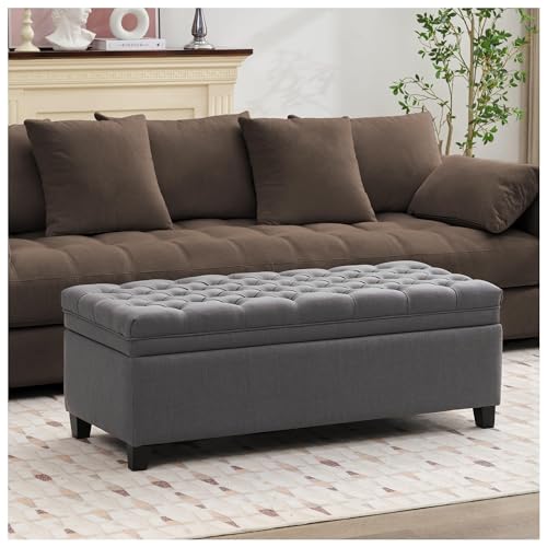 Image of 51 inch Storage Ottoman for Bedroom & Living Room, End of Bed Bench with Black Wooden Legs, Linen Upholstered Tufted Ottoman, Entryway Storage Bench,Dark Grey