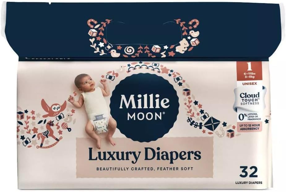 Image of Millie Moon Luxury Diapers, Size 1, 32 Count, Cloud Touch Softness, 12 Hour Absorbency, Unisex