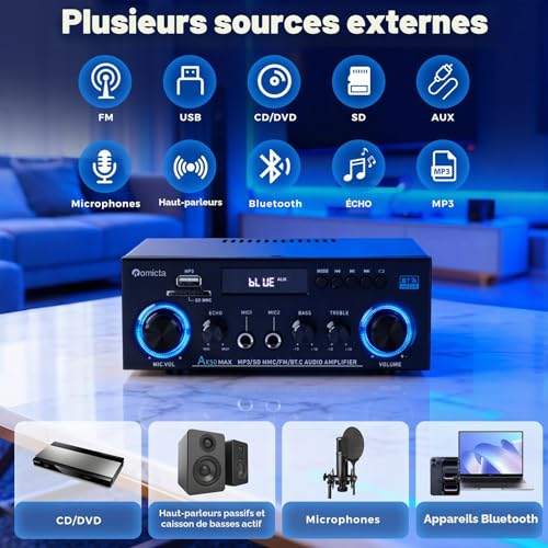 Amplificateur audio stéréo Bluetooth Romicta 800W avec radio FM - 2