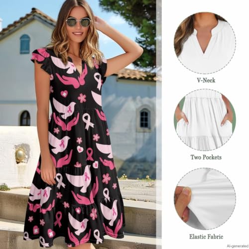 Image of Women's Casual Ruffle Sleeve Dress V Neck Pullover Dress Flowy A-Line Pleated Lightweight Dress with Pockets