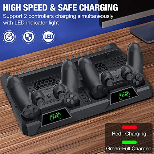 PS4 Stand Cooling Fan for PS4 Slim/PS4 Pro/PlayStation 4,PS4 Pro Stand Vertical Stand Cooler with Dual Controller Charge Station & 16 Game Storage,PS4 Organizer Stand with Game Storage PS4 Accessories