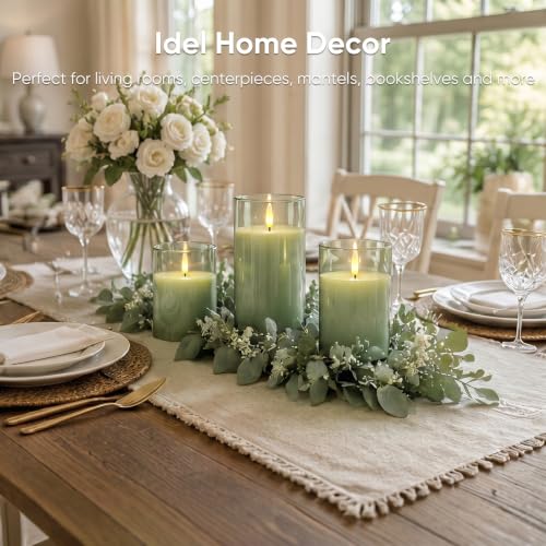 Image of Homemory Rechargeable Sage Green Glass Flameless Candles with Remote Timer, 3 Pack