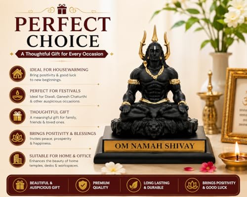 Image of Mahadev Lord Shiva Meditating Statue, Black and Gold Finish, Om Namah Shivay Figurine for Home Decor and Worship