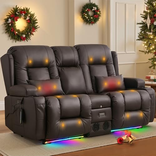 TUNYI Power Loveseat Recliner Sofa with Massage & Heat Home Theater Seating with Console RV Recliner Loveseat Sofa with USB/Outlet/Storage/Side Pocket/LED Light/Speaker (Brown, Loveseat)