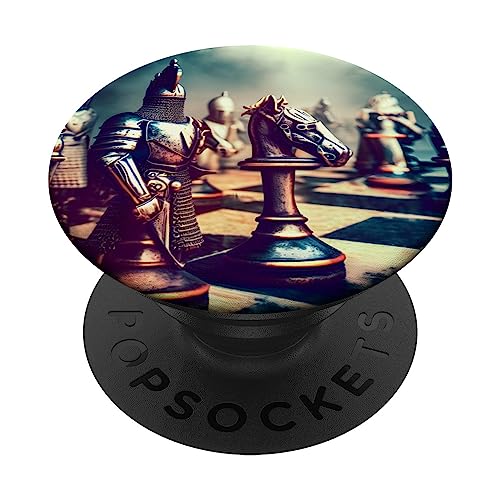 Chess pieces in medieval armor, Chess AI art PopSockets Swappable PopGrip, Black