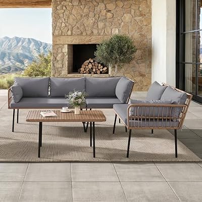 YITAHOME 4-Piece Wicker Patio Furniture Set, All Weather PE Rattan Conversation Set Sectional Sofa with Soft Cushions & Side Table, Porch Furniture for Deck, Balcony, Backyard - Grey