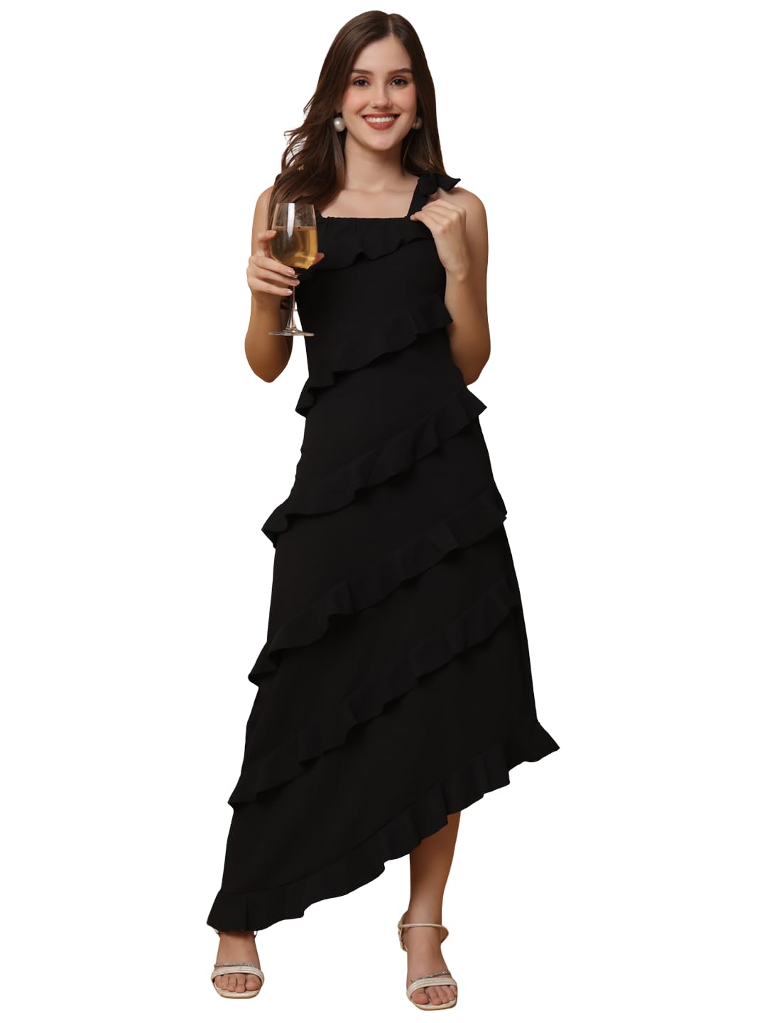Women's Maxi Dress, Ruffle Layered Design, Sleeveless, Square Neck-image-33