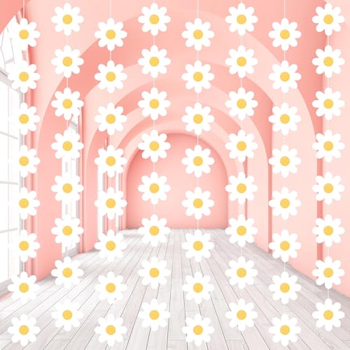 Image of Pasimy 8 Pcs Daisy Boho Party Decorations Groovy Daisy Paper Garlands White Flower Hanging Garland Banner Hippie Flower Cutouts for Birthday Shower Wedding Party Favor Supplies (Classic,White)
