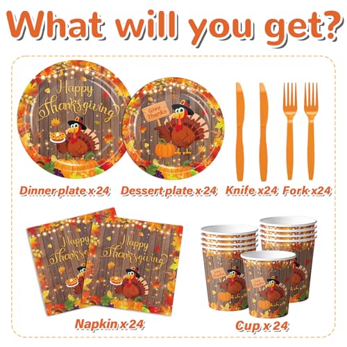 Thanksgiving Paper Plates and Napkins Sets, Thanksgiving Dinnerware Sets with Plates Napkins Cups Forks and Knives Fall Tableware with Turkey Pumpkins Give Thanks Decor for Autumn Harvest, Serve 24 - Image 4
