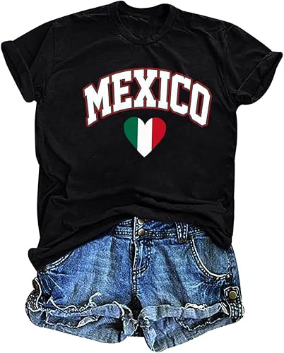Mexico Shirts for Women Vintage Mexico Letters Print T-Shirt Mexican Flag Graphic Vacation Short Sleeve Tee Top