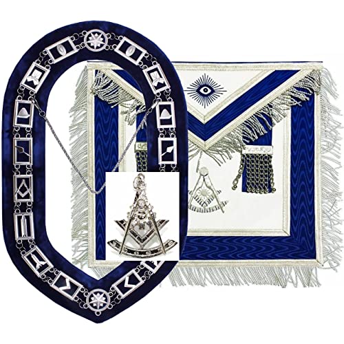 Masonic Regalia Past Master Blue Lodge Officer Apron Handmade and chain collar with Jewel Silver - Main Image