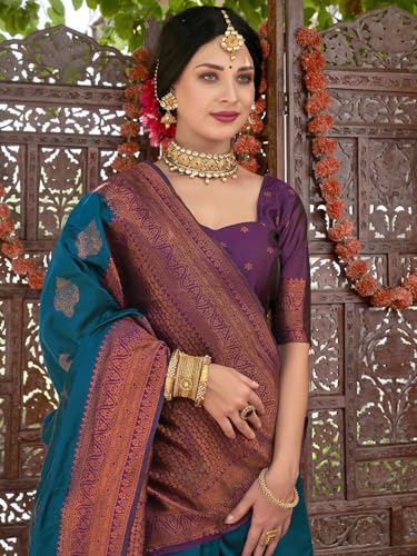 Image of Women's Soft Art Silk Kanjivaram Saree and Unstitched Blouse Piece with Floral Rich Pallu and Jacquard Jari Work On All Over | South Indian Saree