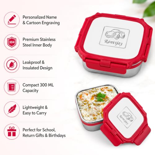 Image of SAVRI Personalized Kids Lunch Box with Name & Cartoon Engraved - Stainless Steel Leakproof Insulated Tiffin Box (300ml) | Customized School Lunch Box, Return Gift, Birthday Gift for Boys & Girls