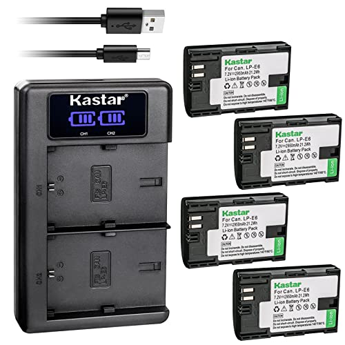 Kastar USB LCD Dual Charger and 4 Pack Battery for Canon LP-E6 LP-E6N, LC-E6 LC-E6E, Blackmagic Design Pocket Cinema Camera 4K, Marshall On-Camera HDMI Monitor, IKAN On-Camera HDMI Monitor