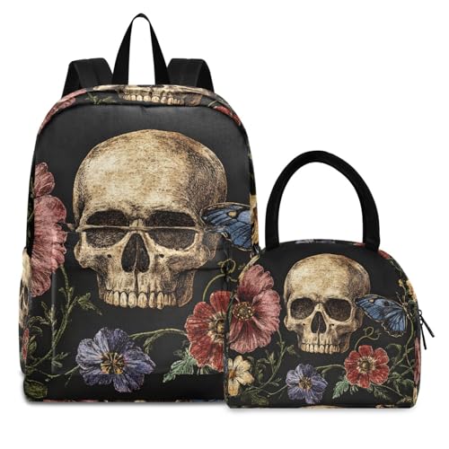 Backpack Lunch Bag Set Floral Butterfly Skull Print, Big Storage Travel Backpacks with Insulated Lunch Box for Office Hiking Picnic