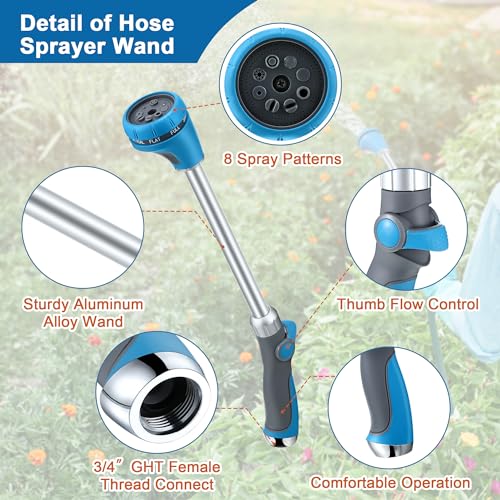 Saillong 18" Watering Wand for Garden Hose Heavy Duty, Metal Garden Hose Wand Sprayer with Thumb Control & 8 Spray Patterns, Hose Nozzle Wand for Lawn Plants Hanging Baskets, Pipe Tape Included - Image 5