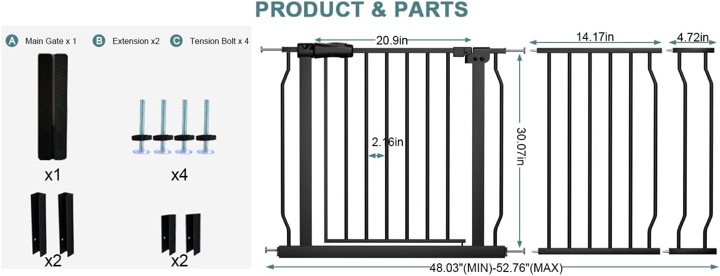 COSEND Extra Wide Baby Gate Tension Indoor Safety Gates Black Metal Large Pressure Mounted Pet Gate Walk Through Long Safety Dog Gate for The House Doorways Stairs (48.03"-52.76"/122-134CM, Black) 48.03"-52.76"/122-134CM Black