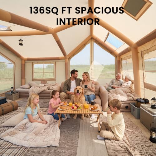 Image of Inflatable Tents for Camping, Blow Up Tent with Hand Pump, Easy Setup Inflatable Hot Tent with Stove Jack, Waterproof Oxford Air Glamping Tents for Camping Adult 4 /6 /8 /10 /12 Person Upgrade Version