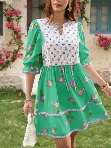 Image of Wenrine Womens Casual Floral Mini Dress Summer Patchwork Boho Shirt Dresses