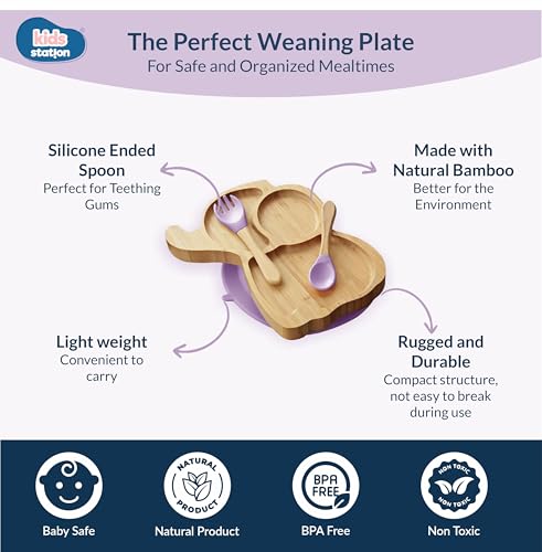 Image of Kids Station Elephant Wooden Feeding Plate with Spoon and Fork for Babies - Purple | Eco-Friendly Self-Feeding Baby Tableware Set (3 pcs)