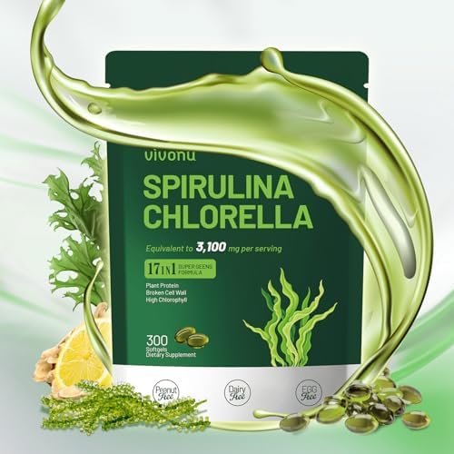 VivoNu Spirulina and Chlorella Capsules | 3100mg | Spirulina Capsules | Vegan Superfood Rich in Protein,Chlorophyll,Vitamins & Minerals | Non-Irradiated BlueSpirulina | 300 Capsules