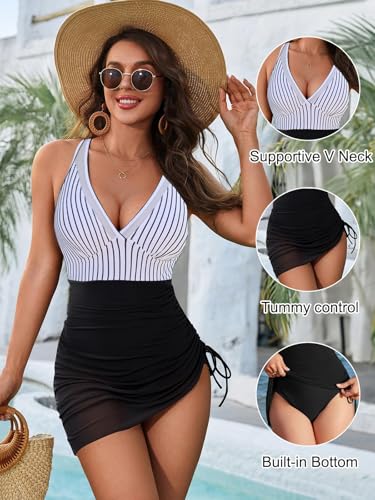 Image of Blooming Jelly Women One Piece Swim Dress Tummy Control Swimsuits Slimming Mesh Sheer Sarong Wraps Bathing Suit