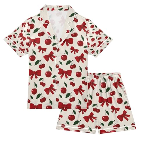 senya Cherry Bow Red Satin Summer Pajama Sets Silk Short Sleeve Button Down Sleepwear