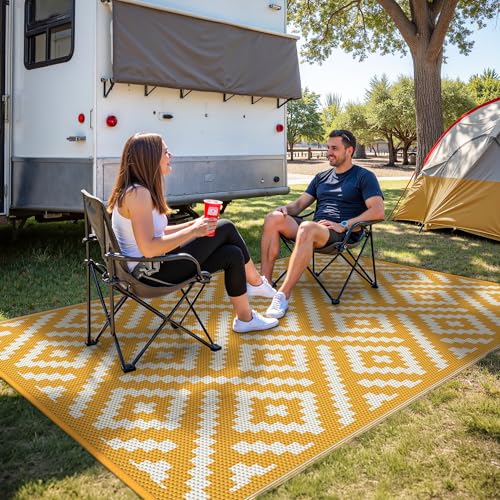 Image of GENIMO Outdoor Rug, Waterproof Plastic Rugs for Patio, 6'x9' Yellow White