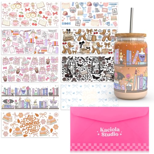 Image of Kaciola 10 Sheets UV DTF Cup Wraps for 16 oz- Bookworm Theme UV DTF Stickers, 1 Sheet Mysterious Pattern Transfer, Rub on Transfers Stickers for 16 oz Libbey Glasses Crafting