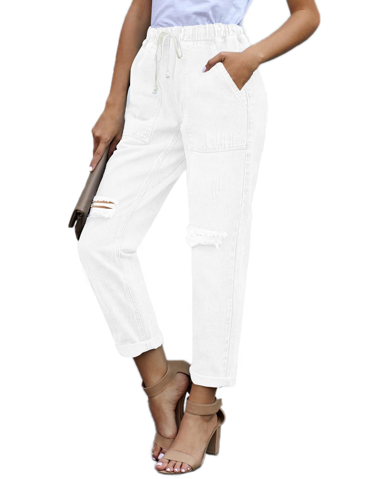Alaster Queen Jeans Casual da Donna Jeans a Vita Alta Jeans Sciolti Jeans Strappati da Donna Bianco XXL