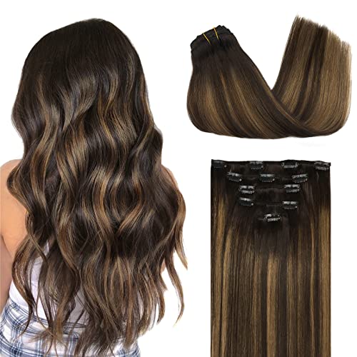 Image of DOORES Clip in hair extensions, 5pcs 75g Dark Brown 14 Inch Human Hair Extensions Clip in Remy Hair Extensions Natural Straight