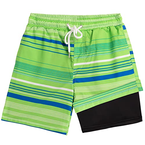 Techcity Boys Swim Trunks Boxer Brief Liner Swimwear Bathing Suit Quick Dry Compression Swim Shorts 3-18 Years (7-8 Years, Green Stripe) #TOP2