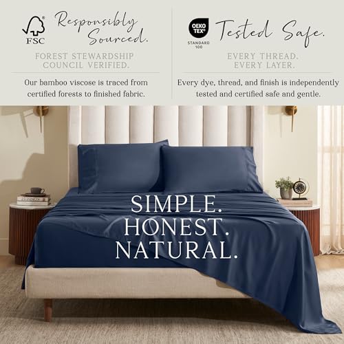 Image of KARISSA MAE Bamboo Viscose 34 inch Split Top King Size Sheet Set, FSC Certified | Single 34 inch Split Fitted Sheet | Sleep Number & Adjustable Bed | Cooling | 18 inch Deep Pocket w / Corner Straps [Navy]