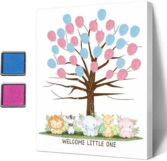 Ggjgrpx Árbol de huellas dactilares de animales de la selva para baby shower, divertido libro de invitados para baby shower, ideas para libro de