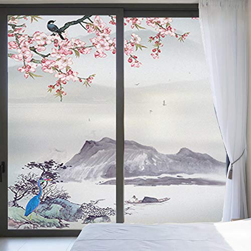 Xijier Privacy Window Film No Glue Window Cling Static Cling Window Film Bird and Flower Painting Glass Decorative Frosted Glass Sticker for Office 17.7
