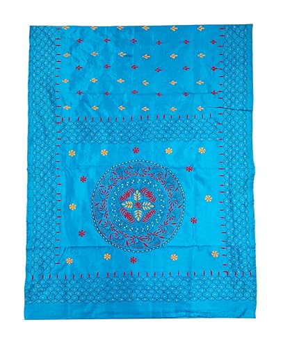 Image of SHRISTI CLOTHINGS Women's Hand Embroidered Cotton Silk Kantha Stitch Saree with Blouse Piece (J420924 SKYBLUED1)