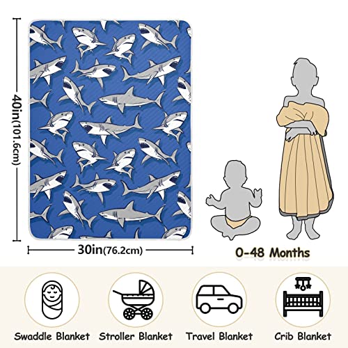 Image of Swaddle Blanket for Blue Cartoon Shark Fish Baby Receiving Blanket Muslin Baby Swaddles Soft Cotton Breathable Nursery Blankets for Unisex Boys and Girls 30x40 Inch