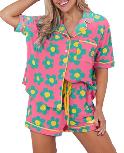 Image of KevaMolly Women Floral Notch Collar 2 Piece Holiday PJ Set | Print Short Sleeve Top, Drawstring Soft Vacation Sleep Shorts