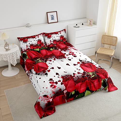 Image of Feelyou Rose Comforter Red Rose Petals Bedding Set Floral Bouquet Botanical Design Comforter Set Romantic Flowers Microfiber Duvet Set Valentine's Day Couple Lover Room Decor Quilt Set Queen Size