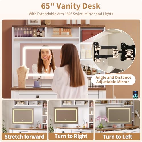 Vanity Mirror with Lights, Makeup Vanity Desk with 5 Drawers, 6 Open Storage Shelves, Large Extendable Dressing Table with Charging Station, Glass Top, Antique White