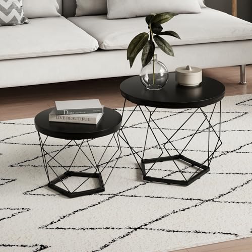 Home Collective Couchtisch, Wohnzimmertisch, Tisch | 2er Set mit Metallgestell und runder Platte | Beistelltisch modern | 50x44 & 40x37 cm (BxH) | Schwarz