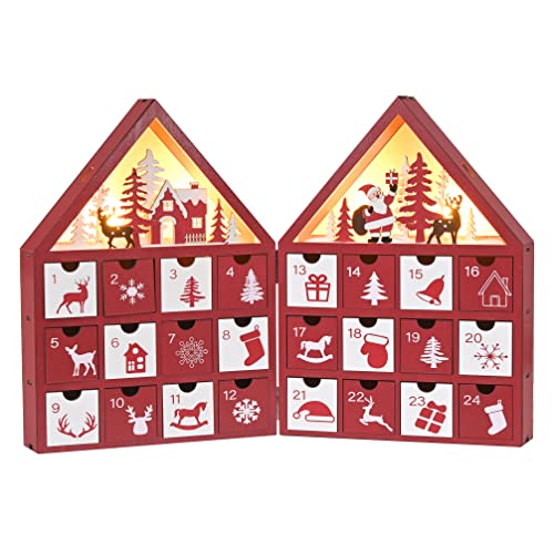 Valery Madelyn Calendrier de l'Avent Noël, Calendrier Pliable en Forme de Maison Rouge et Blanche, Calendrier de Compte à Rebours en Bois avec Lumière, Décor de Noël en Bois avec LED pour Table, 39cm Cover