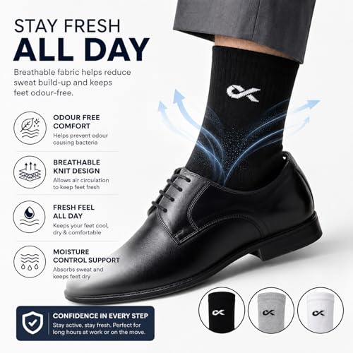 Image of XJARVIS Texas Men's Solid Calf Crew Combed Full Length Cotton Formal Socks, Odour Free & Breathable, Free Size - Ideal for Home, Office Wear (WHITE /GREY /BLACK)
