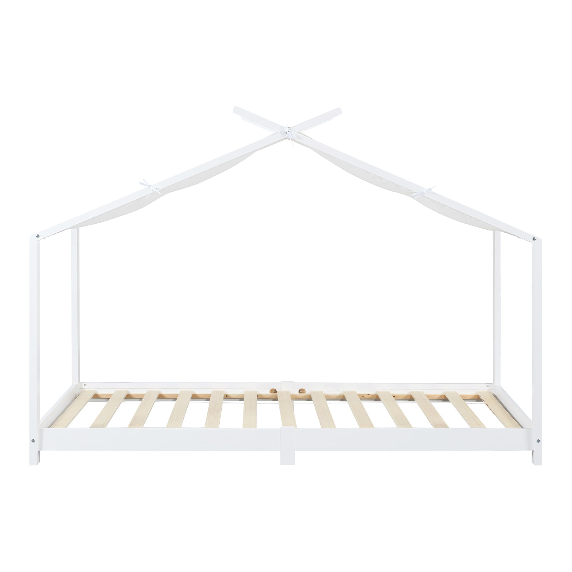 [en.casa] Kinderbett Brome Hausbett 90 x 200 cm Jugendbett Bettenhaus mit Lattenrost und Abnehmbarem Stoffdach Montessori Bett aus massiver Kiefer Bettgestell Holz Weiß