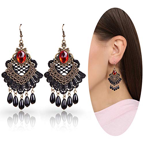 Choker Necklace Earrings Set for Halloween Punk Steampunk Costume Party Women Gothic Black Lace Necklace Vintage Lolita Victorian Halloween Choker Vampire Pendant (Red)3