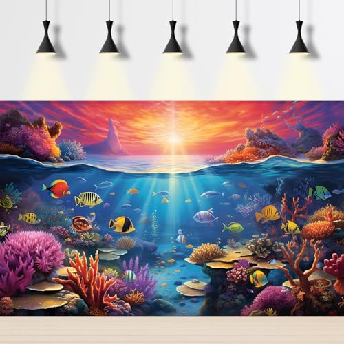 Image of Under The Sea Aquarium Background Underwater Scene with Coral Reef Fish Tank Backdrop Tropical Plants Fishes Natural Ocean Underwater Sunset Seascape Terrarium Background Ocean Theme Backdrop 72x24in