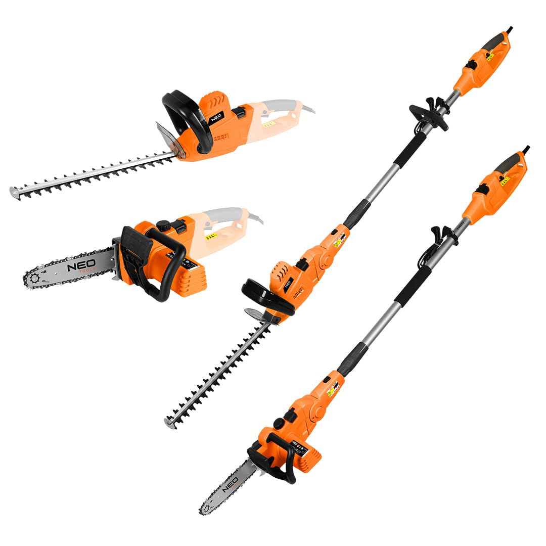 NEO TOOLS Wielofunkcyjne urządzenie ogrodowe 2 w 1 – sekator (750 W, miecz 25 cm) i teleskopowe nożyce do żywopłotu (550 W, ostrze 46 cm), szybkie naciąganie łańcucha SDS, pasek na ramię, do wysokich