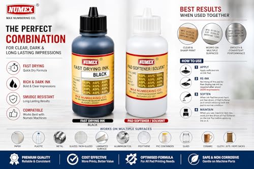 Image of NUMEX Gold Jet Black Batch Printing Fast Drying Liquid & Softener Combo (100ml x 2) | Permanent Coding | Smooth Flow | Since 1976